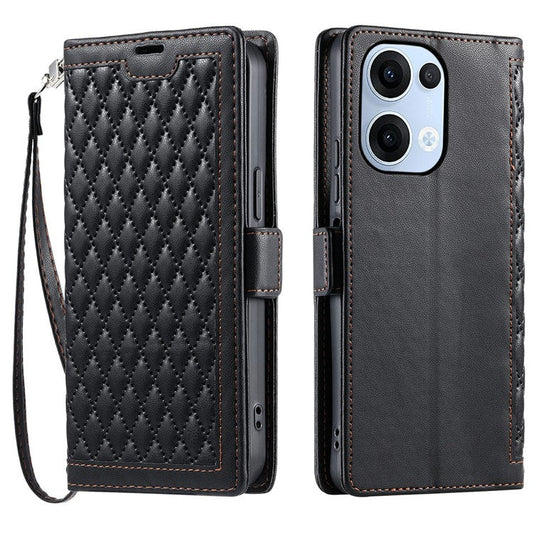 For Oppo Reno13 5G (Global) Leather Case Rhombus Texture Wallet Stand Phone Cover with Wrist Strap - Black