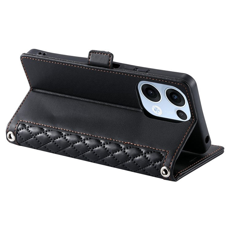 For Oppo Reno13 5G (Global) Leather Case Rhombus Texture Wallet Stand Phone Cover with Wrist Strap - Black
