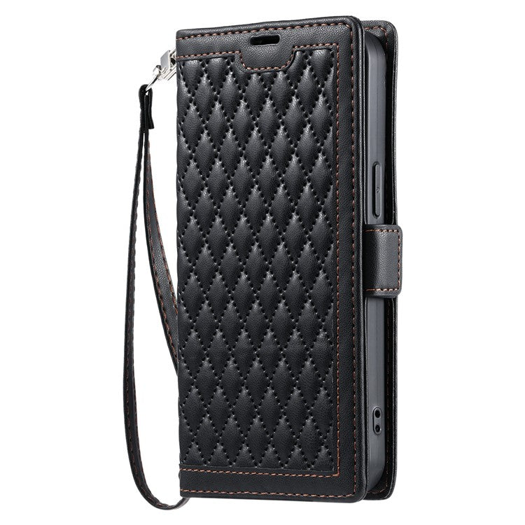 For Oppo Reno13 5G (Global) Leather Case Rhombus Texture Wallet Stand Phone Cover with Wrist Strap - Black