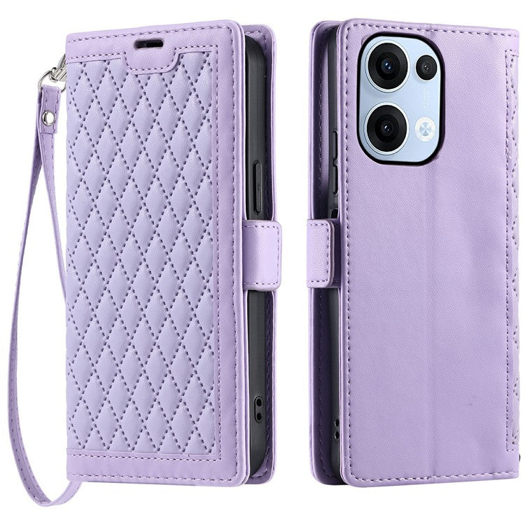 For Oppo Reno13 5G (Global) Leather Case Rhombus Texture Wallet Stand Phone Cover with Wrist Strap - Purple