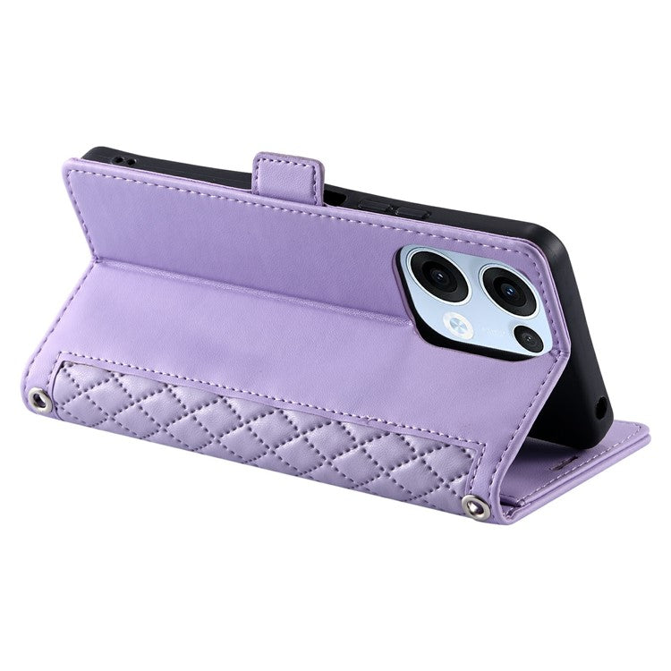 For Oppo Reno13 5G (Global) Leather Case Rhombus Texture Wallet Stand Phone Cover with Wrist Strap - Purple