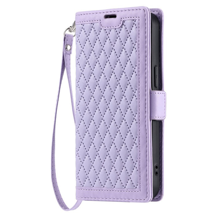 For Oppo Reno13 5G (Global) Leather Case Rhombus Texture Wallet Stand Phone Cover with Wrist Strap - Purple