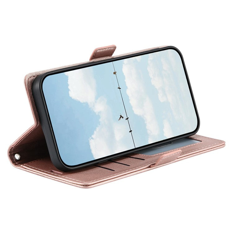 For Oppo Reno13 5G (Global) Leather Case Rhombus Texture Wallet Stand Phone Cover with Wrist Strap - Rose Gold