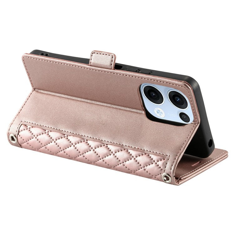 For Oppo Reno13 5G (Global) Leather Case Rhombus Texture Wallet Stand Phone Cover with Wrist Strap - Rose Gold