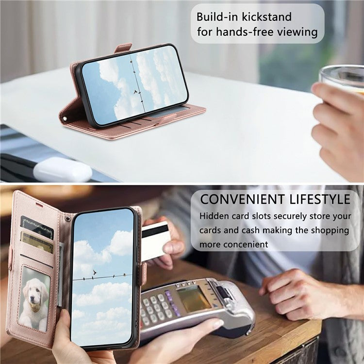 For Oppo Reno13 5G (Global) Leather Case Rhombus Texture Wallet Stand Phone Cover with Wrist Strap - Rose Gold