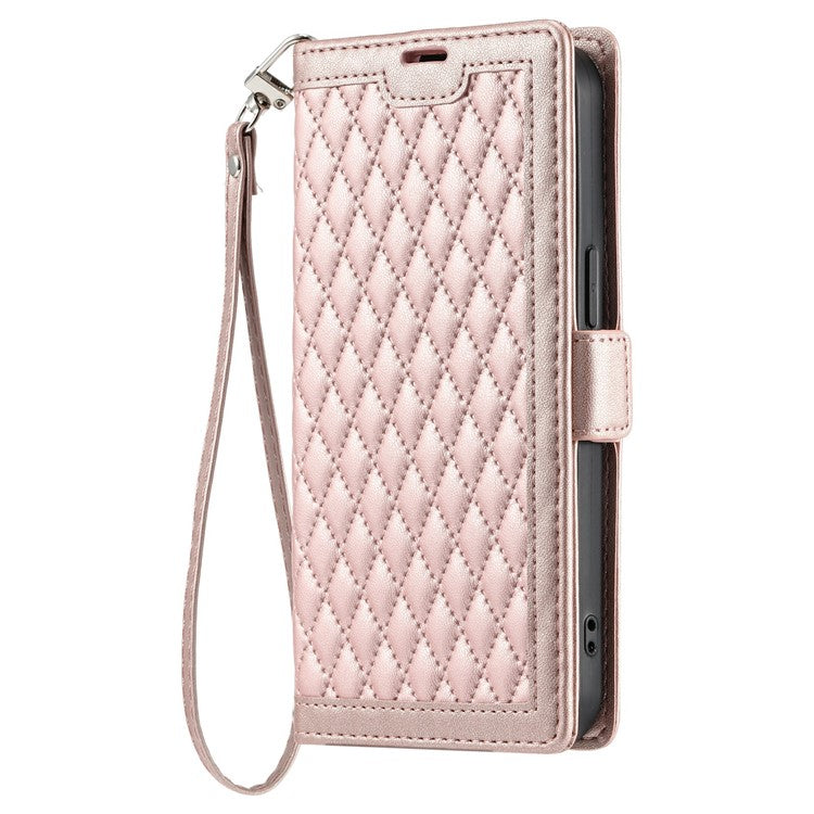 For Oppo Reno13 5G (Global) Leather Case Rhombus Texture Wallet Stand Phone Cover with Wrist Strap - Rose Gold