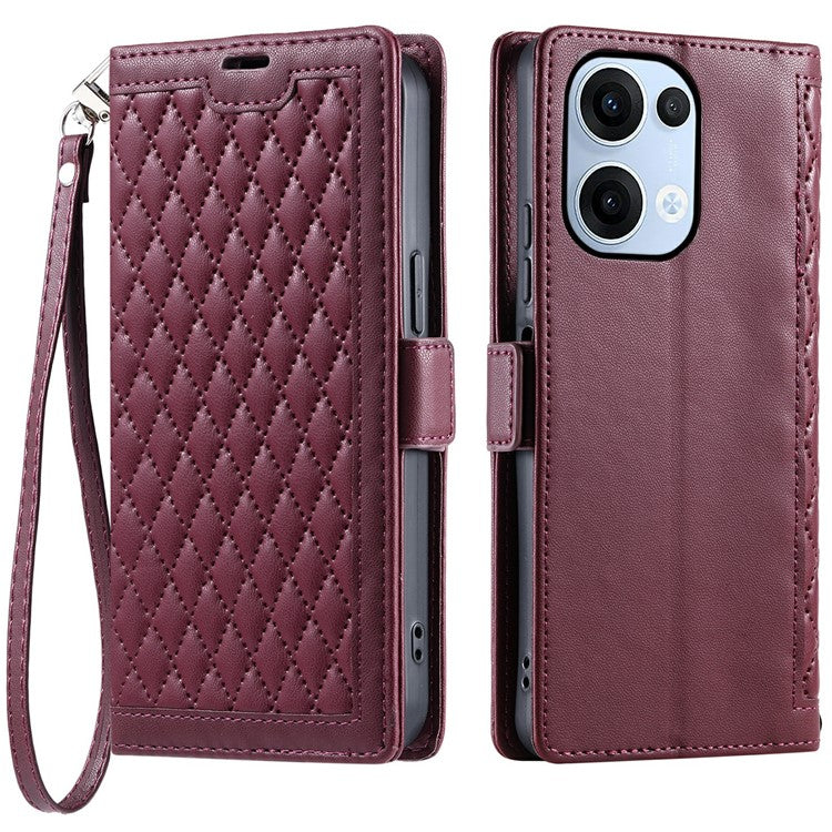 For Oppo Reno13 5G (Global) Leather Case Rhombus Texture Wallet Stand Phone Cover with Wrist Strap - Wine Red