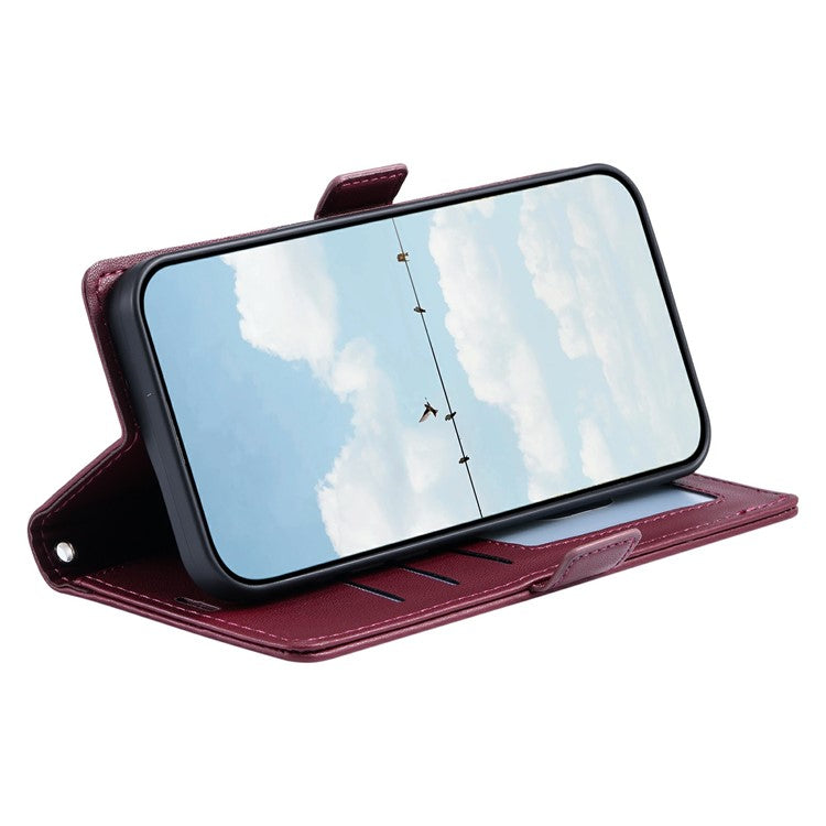 For Oppo Reno13 5G (Global) Leather Case Rhombus Texture Wallet Stand Phone Cover with Wrist Strap - Wine Red