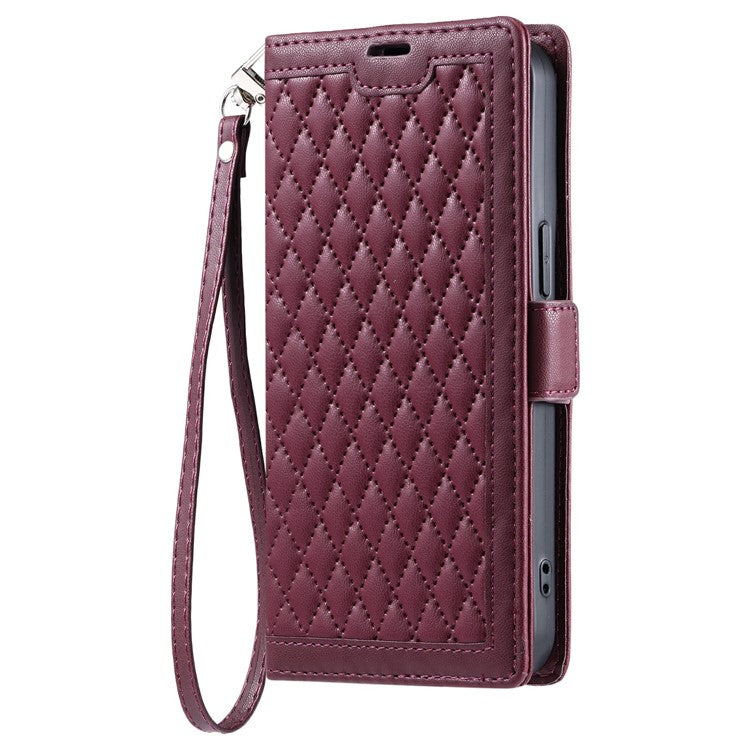 For Oppo Reno13 5G (Global) Leather Case Rhombus Texture Wallet Stand Phone Cover with Wrist Strap - Wine Red