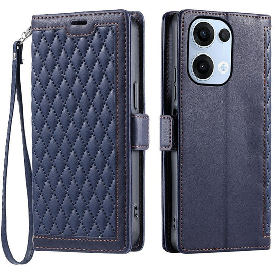 For Oppo Reno13 5G (Global) Leather Case Rhombus Texture Wallet Stand Phone Cover with Wrist Strap - Blue