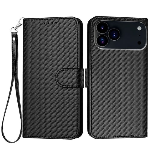 For iPhone 17 Pro Max Wallet Case with Strap Carbon Fiber Texture Leather Mobile Cover - Black