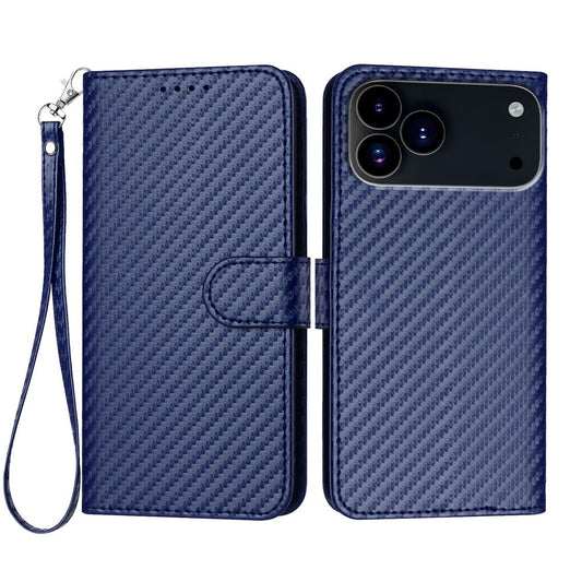For iPhone 17 Pro Max Wallet Case with Strap Carbon Fiber Texture Leather Mobile Cover - Royal Blue