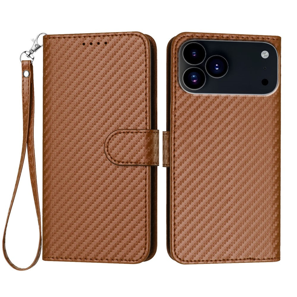 For iPhone 17 Pro Max Wallet Case with Strap Carbon Fiber Texture Leather Mobile Cover - Coffee