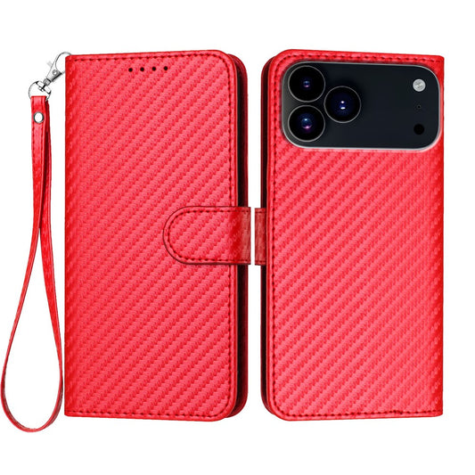 For iPhone 17 Pro Max Wallet Case with Strap Carbon Fiber Texture Leather Mobile Cover - Red