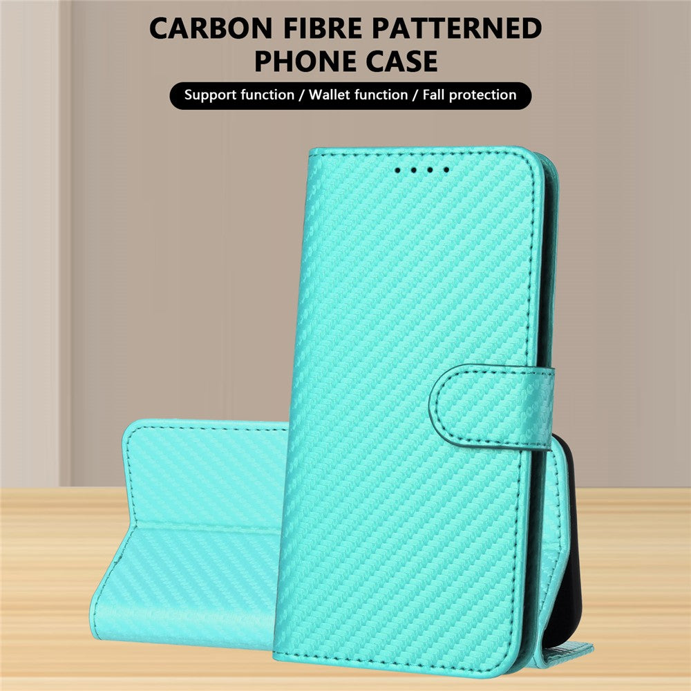 For iPhone 17 Pro Max Wallet Case with Strap Carbon Fiber Texture Leather Mobile Cover - Light Blue
