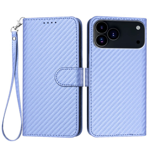 For iPhone 17 Pro Max Wallet Case with Strap Carbon Fiber Texture Leather Mobile Cover - Purple