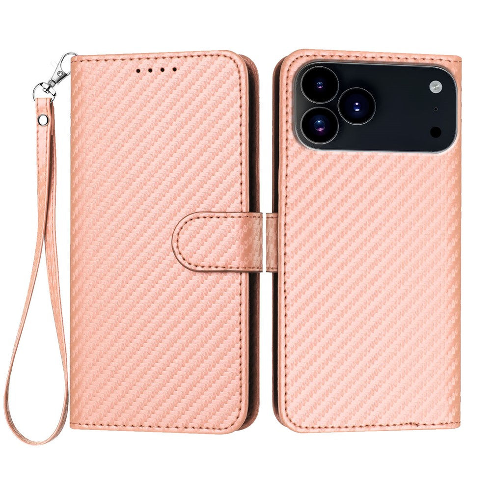 For iPhone 17 Pro Max Wallet Case with Strap Carbon Fiber Texture Leather Mobile Cover - Pink