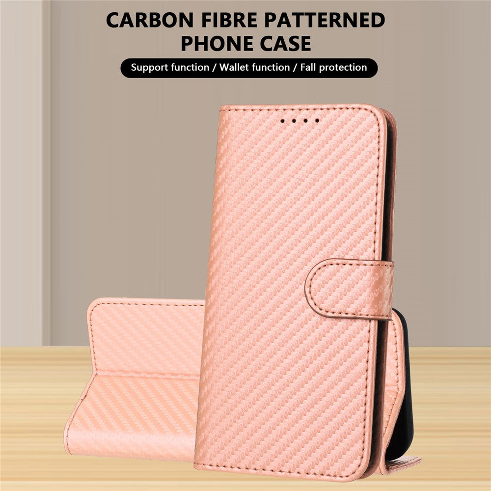 For iPhone 17 Pro Max Wallet Case with Strap Carbon Fiber Texture Leather Mobile Cover - Pink