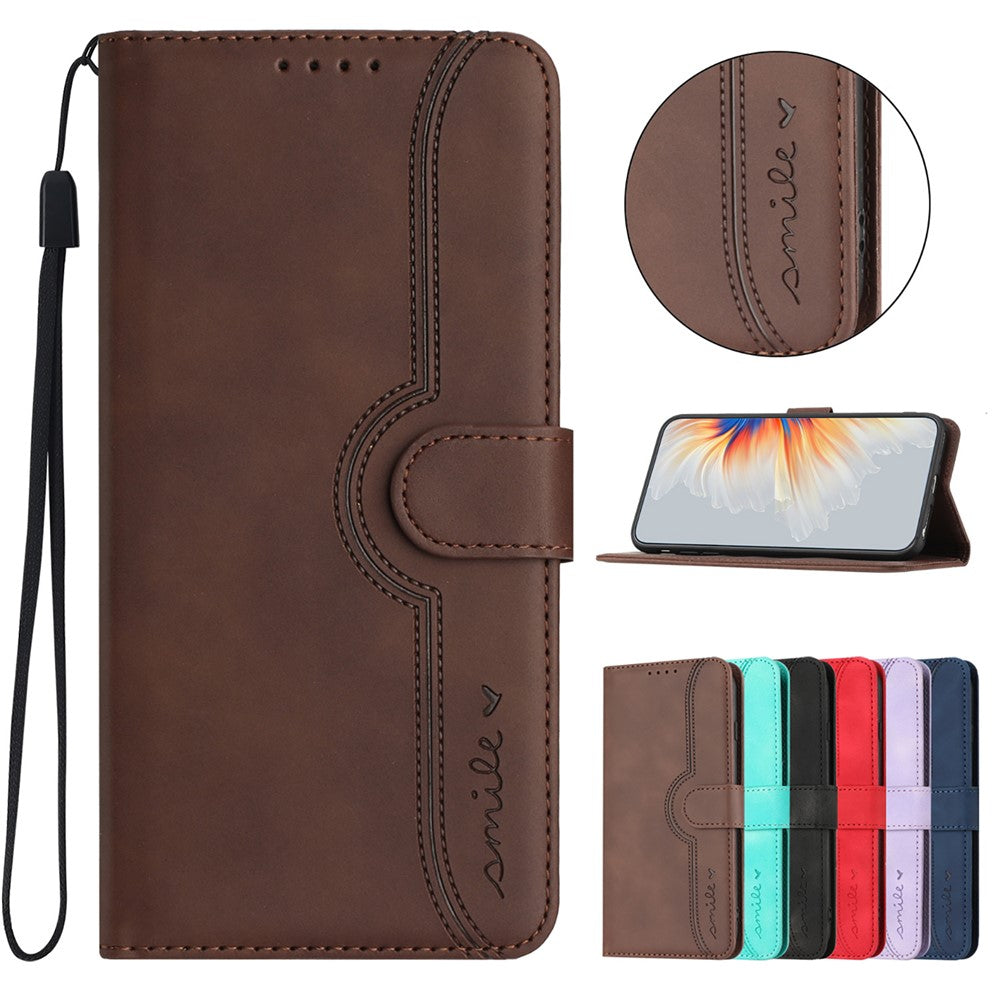 For iPhone 17 Pro Max Leather Case Wallet Stand Smile Imprinted Phone Cover with Strap - Coffee