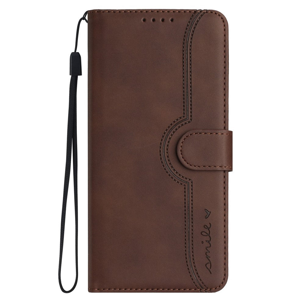 For iPhone 17 Pro Max Leather Case Wallet Stand Smile Imprinted Phone Cover with Strap - Coffee