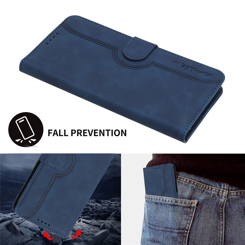 For iPhone 17 Pro Max Leather Case Wallet Stand Smile Imprinted Phone Cover with Strap - Royal Blue