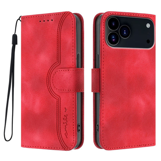 For iPhone 17 Pro Max Leather Case Wallet Stand Smile Imprinted Phone Cover with Strap - Red