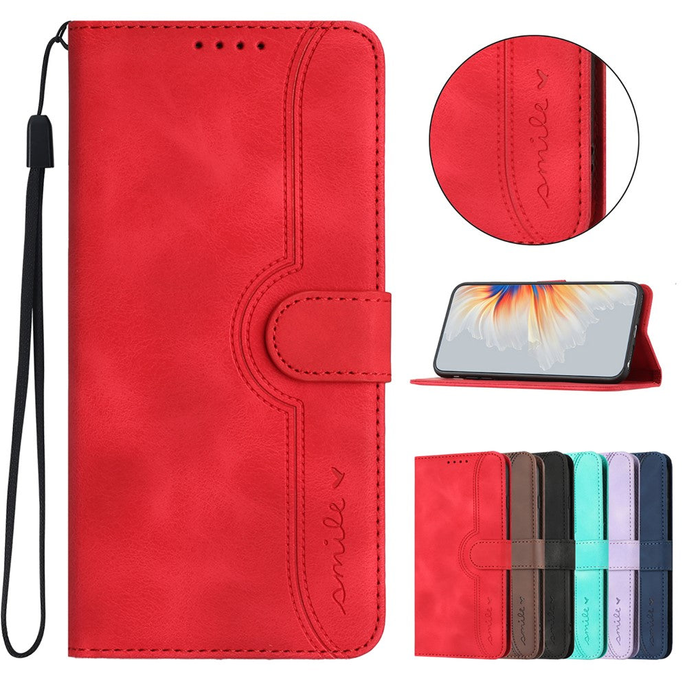 For iPhone 17 Pro Max Leather Case Wallet Stand Smile Imprinted Phone Cover with Strap - Red