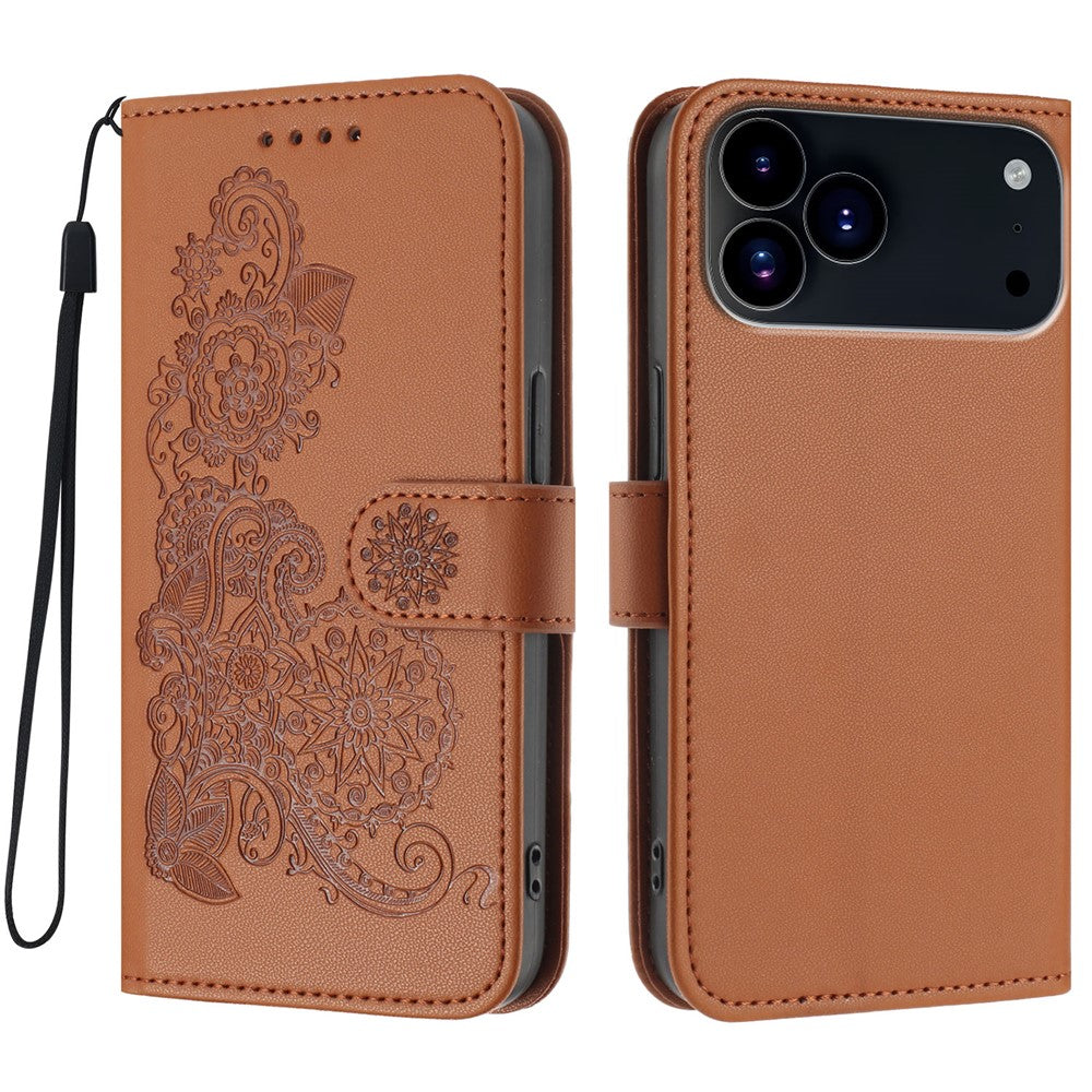 For iPhone 17 Pro Max Phone Cases Mandala Flower Leather Wallet Mobile Cover with Strap - Coffee