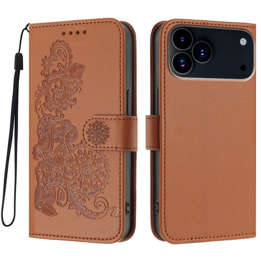 For iPhone 17 Pro Max Phone Cases Mandala Flower Leather Wallet Mobile Cover with Strap - Coffee