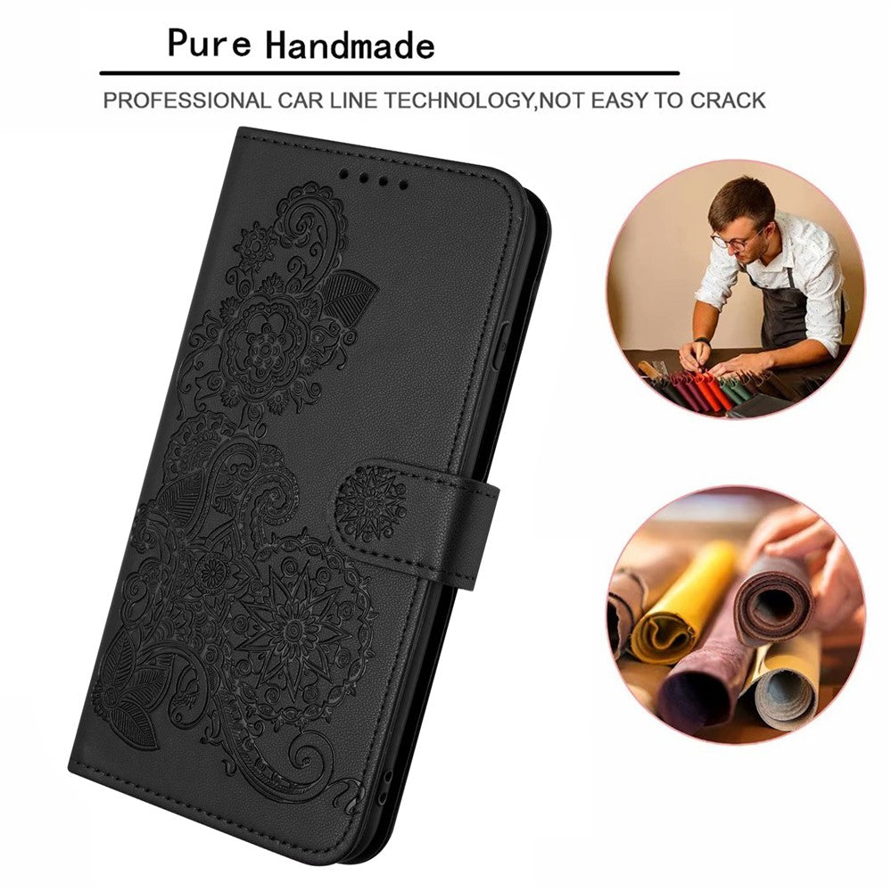 For iPhone 17 Pro Max Phone Cases Mandala Flower Leather Wallet Mobile Cover with Strap - Black