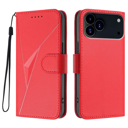For iPhone 17 Pro Max Case Triangle Imprint Leather Phone Cover with Lanyard - Red