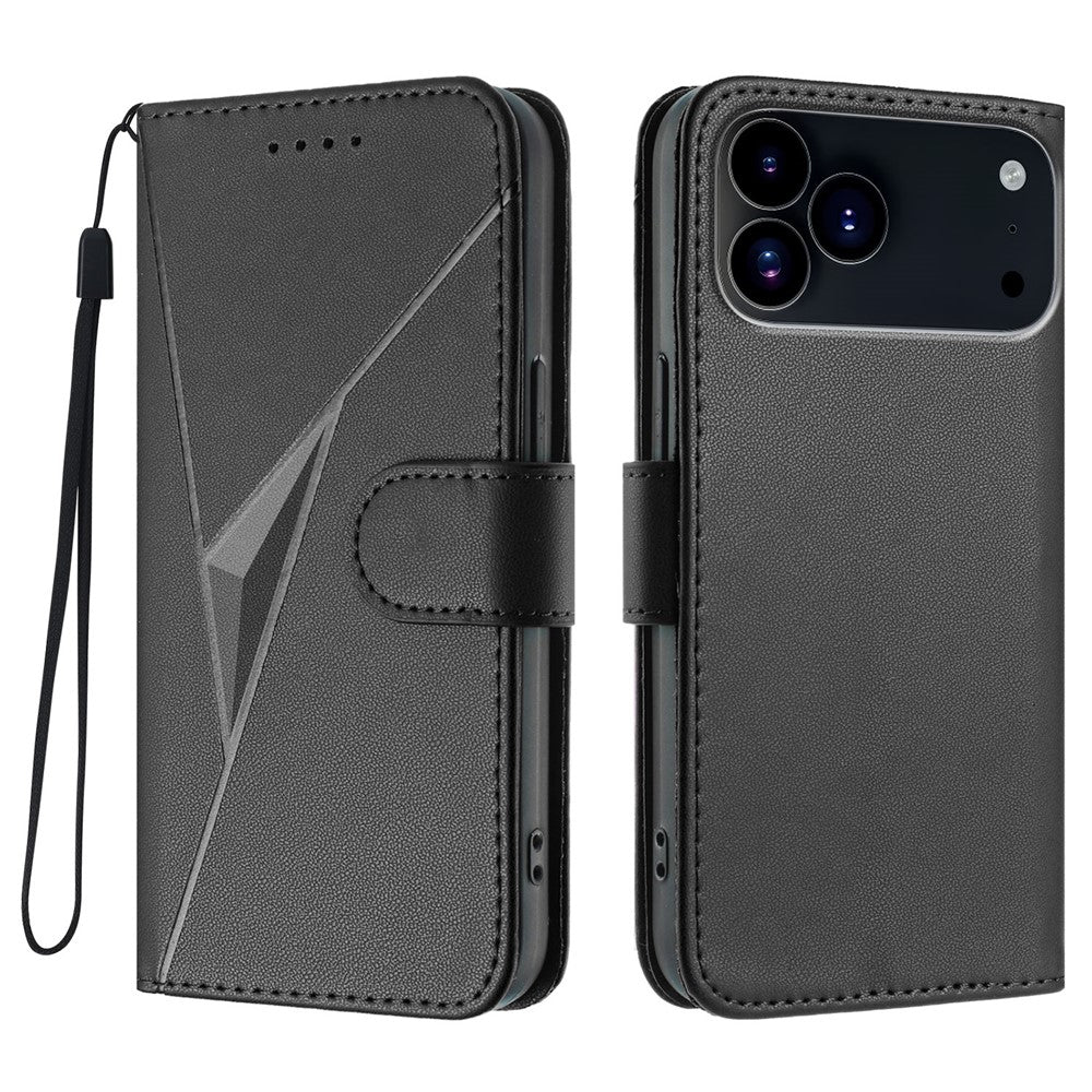 For iPhone 17 Pro Max Case Triangle Imprint Leather Phone Cover with Lanyard - Black