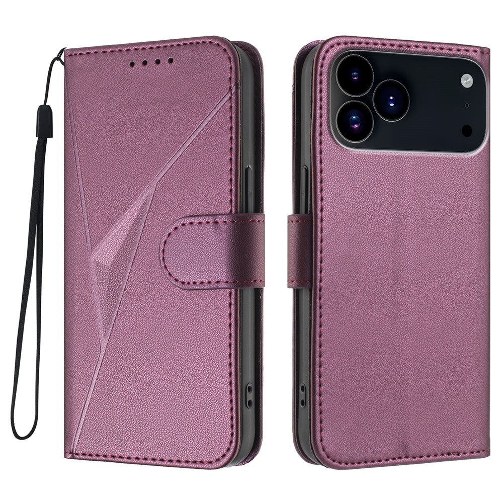 For iPhone 17 Pro Max Case Triangle Imprint Leather Phone Cover with Lanyard - Dark Purple