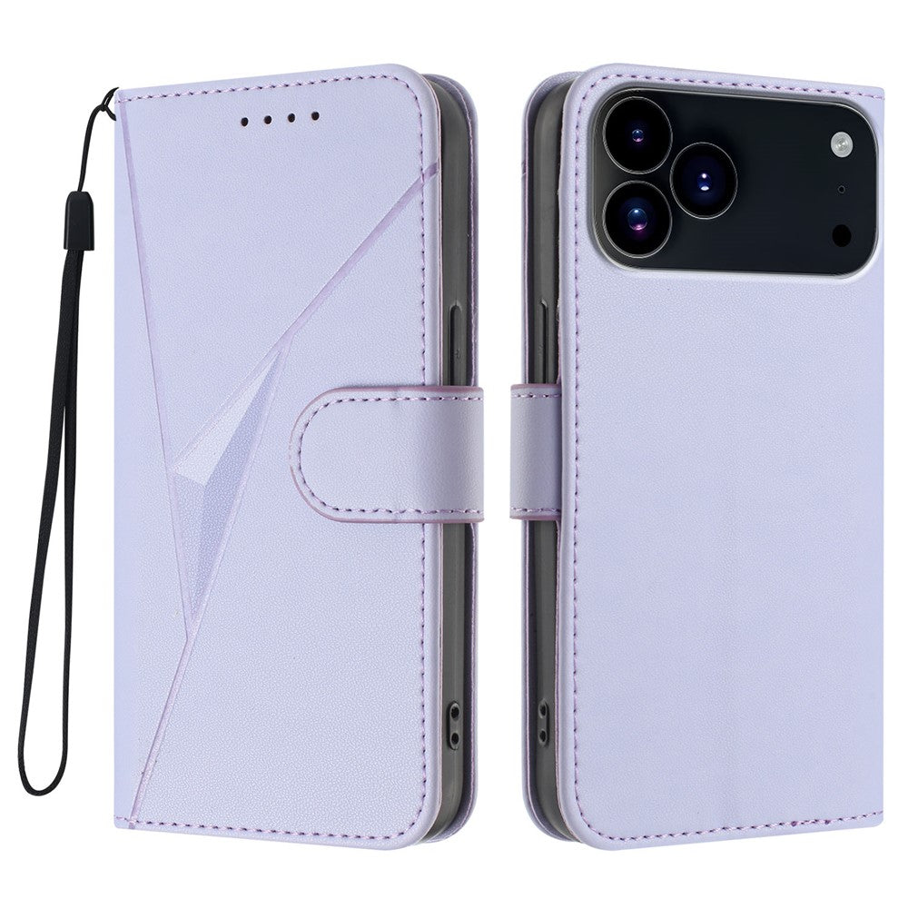 For iPhone 17 Pro Max Case Triangle Imprint Leather Phone Cover with Lanyard - Light Purple