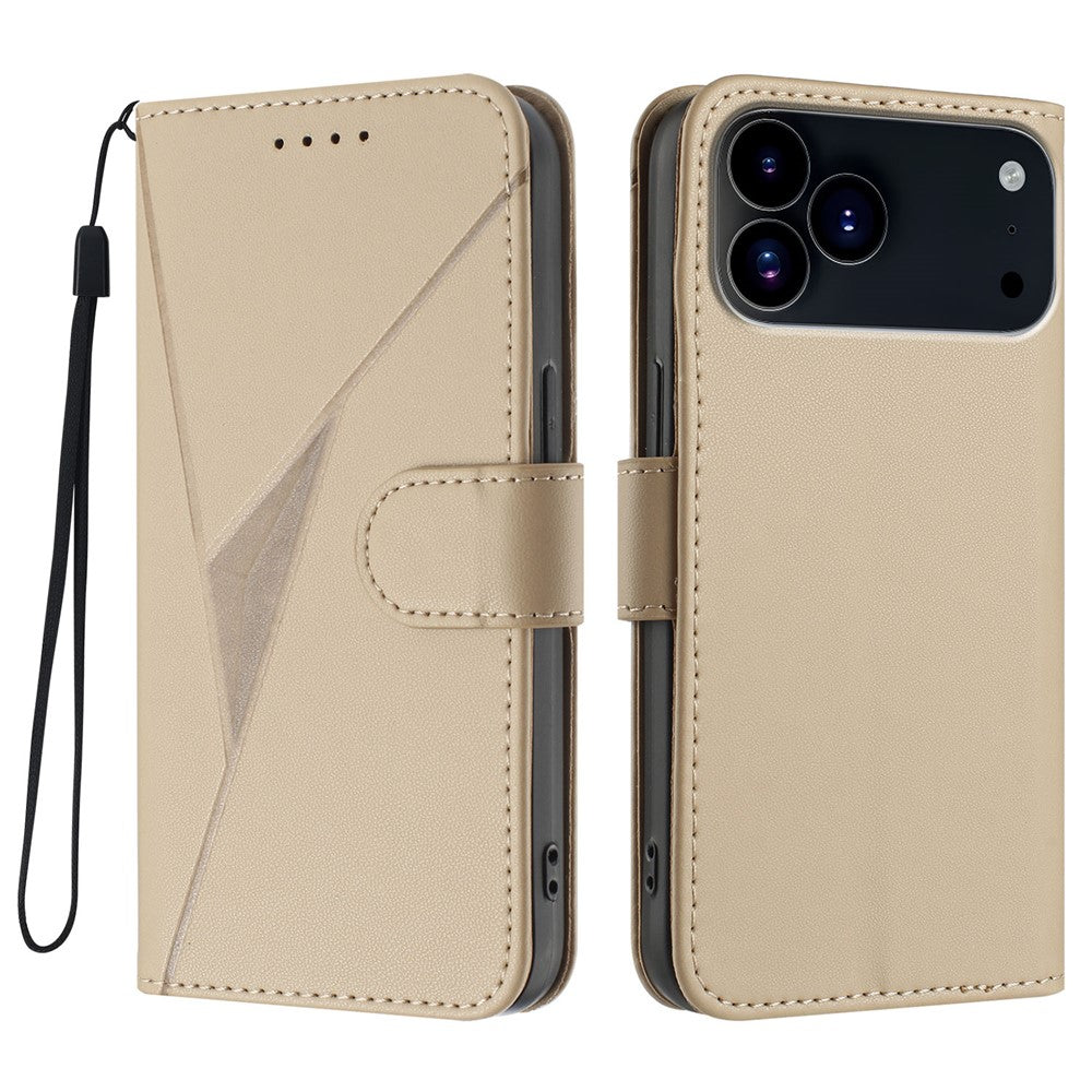 For iPhone 17 Pro Max Case Triangle Imprint Leather Phone Cover with Lanyard - Golden