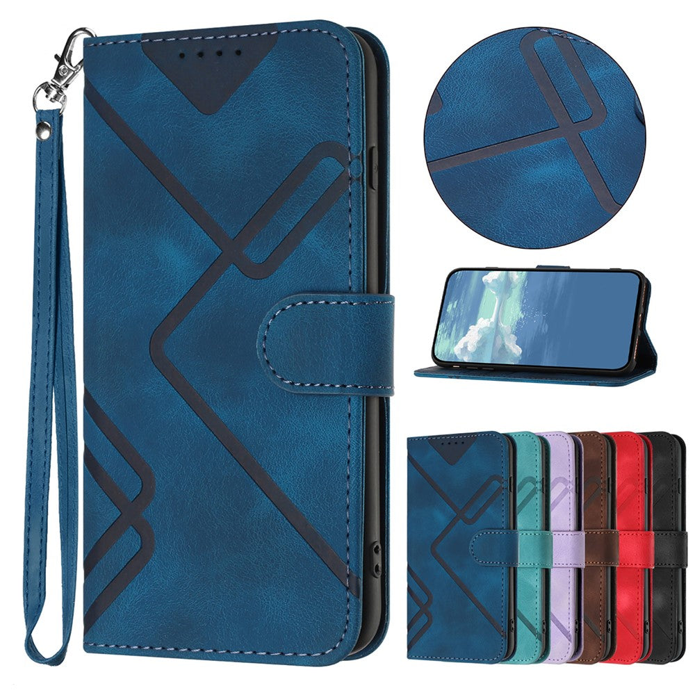 For iPhone 17 Pro Max Wallet Case Line Imprinted PU Leather Phone Cover with Strap - Royal Blue