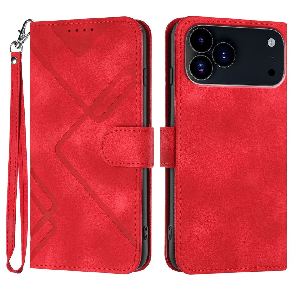 For iPhone 17 Pro Max Wallet Case Line Imprinted PU Leather Phone Cover with Strap - Red