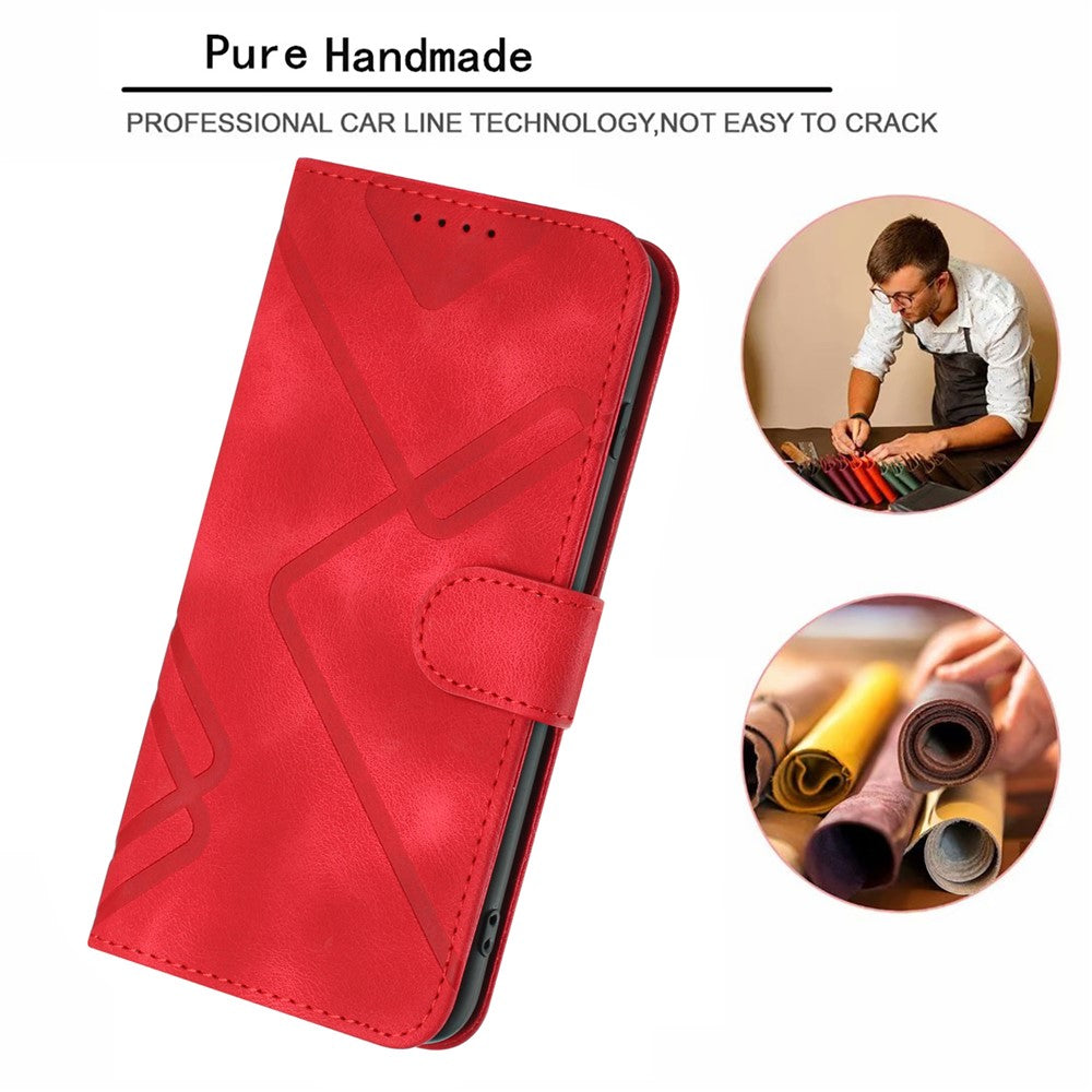 For iPhone 17 Pro Max Wallet Case Line Imprinted PU Leather Phone Cover with Strap - Red