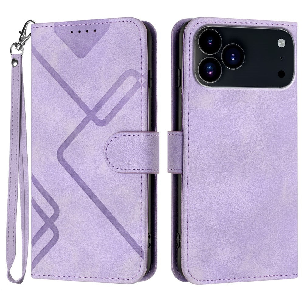 For iPhone 17 Pro Max Wallet Case Line Imprinted PU Leather Phone Cover with Strap - Purple