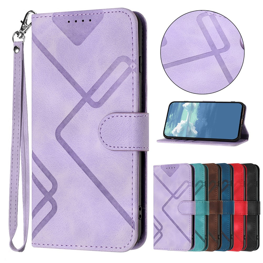For iPhone 17 Pro Max Wallet Case Line Imprinted PU Leather Phone Cover with Strap - Purple