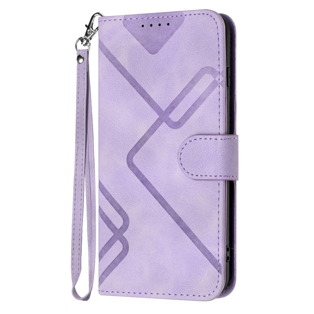 For iPhone 17 Pro Max Wallet Case Line Imprinted PU Leather Phone Cover with Strap - Purple