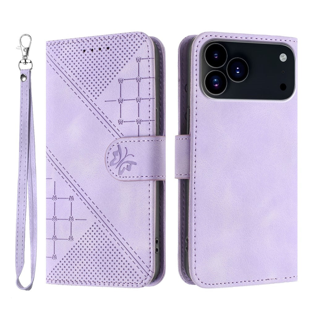 For iPhone 17 Pro Max Leather Wallet Case Butterfly Flower Imprinted Phone Cover with Strap - Purple