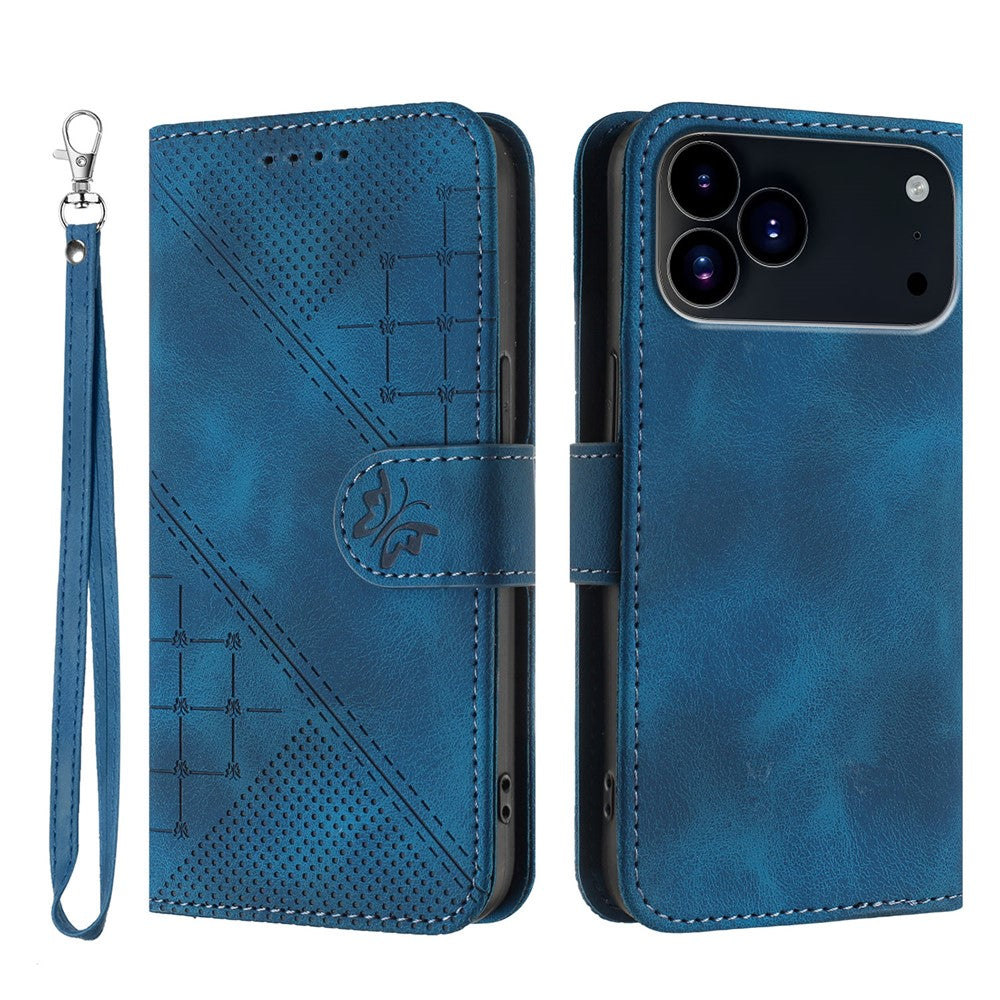 For iPhone 17 Pro Max Leather Wallet Case Butterfly Flower Imprinted Phone Cover with Strap - Royal Blue
