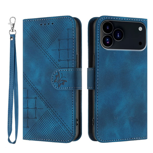 For iPhone 17 Pro Max Leather Wallet Case Butterfly Flower Imprinted Phone Cover with Strap - Royal Blue