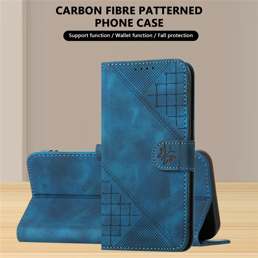 For iPhone 17 Pro Max Leather Wallet Case Butterfly Flower Imprinted Phone Cover with Strap - Royal Blue