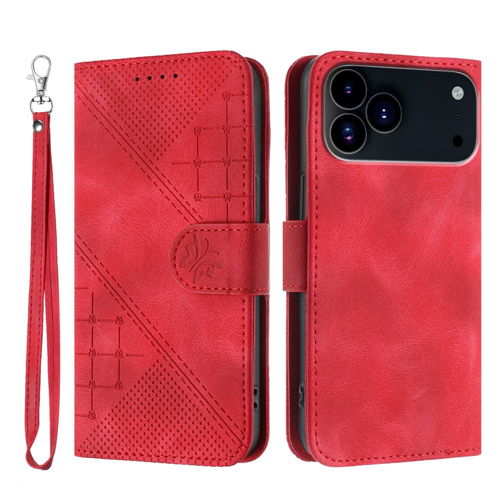 For iPhone 17 Pro Max Leather Wallet Case Butterfly Flower Imprinted Phone Cover with Strap - Red