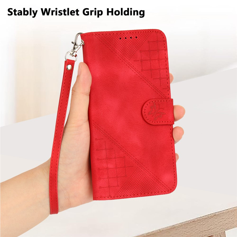 For iPhone 17 Pro Max Leather Wallet Case Butterfly Flower Imprinted Phone Cover with Strap - Red