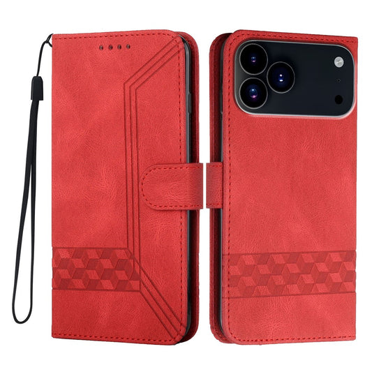 For iPhone 17 Pro Max Phone Case with Strap Imprint PU Leather Wallet Stand Cover - Red