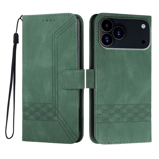 For iPhone 17 Pro Max Phone Case with Strap Imprint PU Leather Wallet Stand Cover - Blackish Green