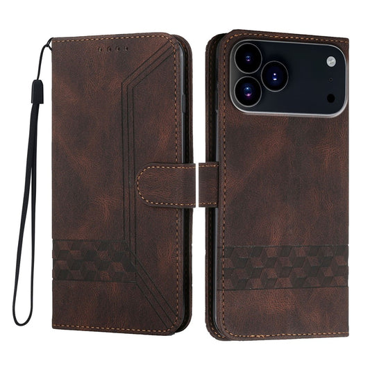 For iPhone 17 Pro Max Phone Case with Strap Imprint PU Leather Wallet Stand Cover - Coffee